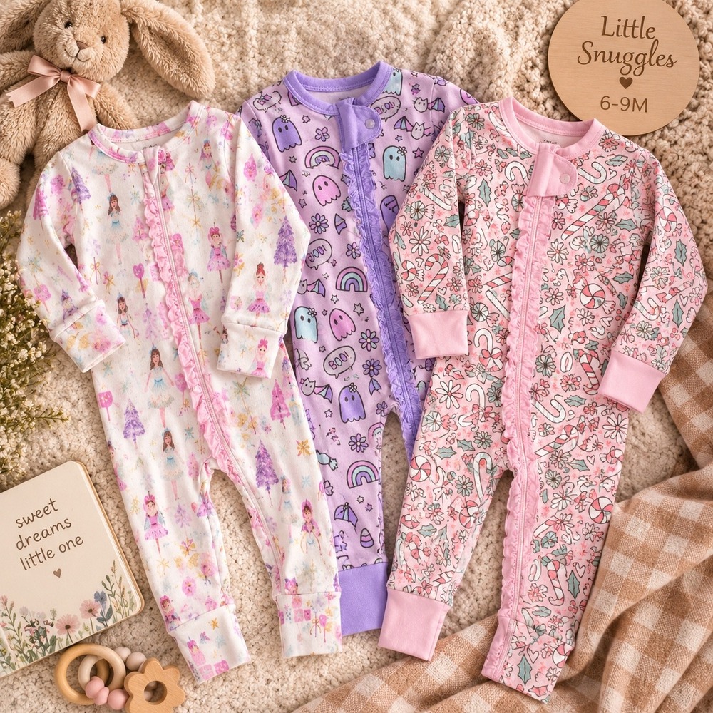 Little Snuggles Baby Girl 6-9M Zip Sleeper Pajamas Ruffle 3 Piece Bundle bamboo